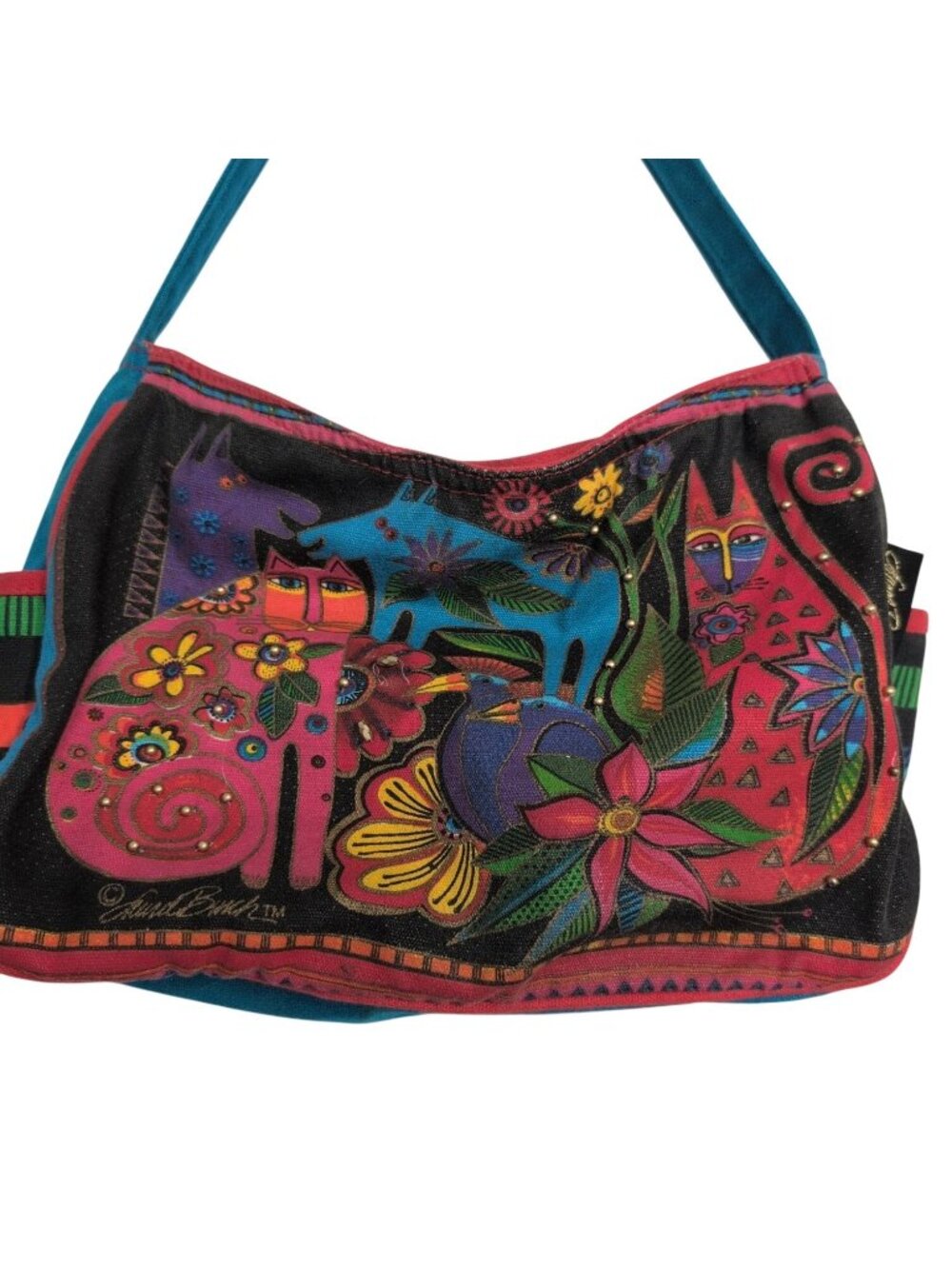 Vintage Laurel Burch Colorful Animal Purse Blue Canvas Cat Dog Bird Whimsical